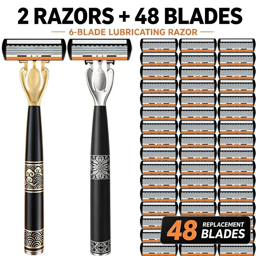 [Black Gold & Silver White Floral] Manual Razor Set | 48 Blades, 2 Handles | Super Smooth Pain-Free Shaving | Vintage Engraved Design | A Must-Have Stylish Gadget for Guys!