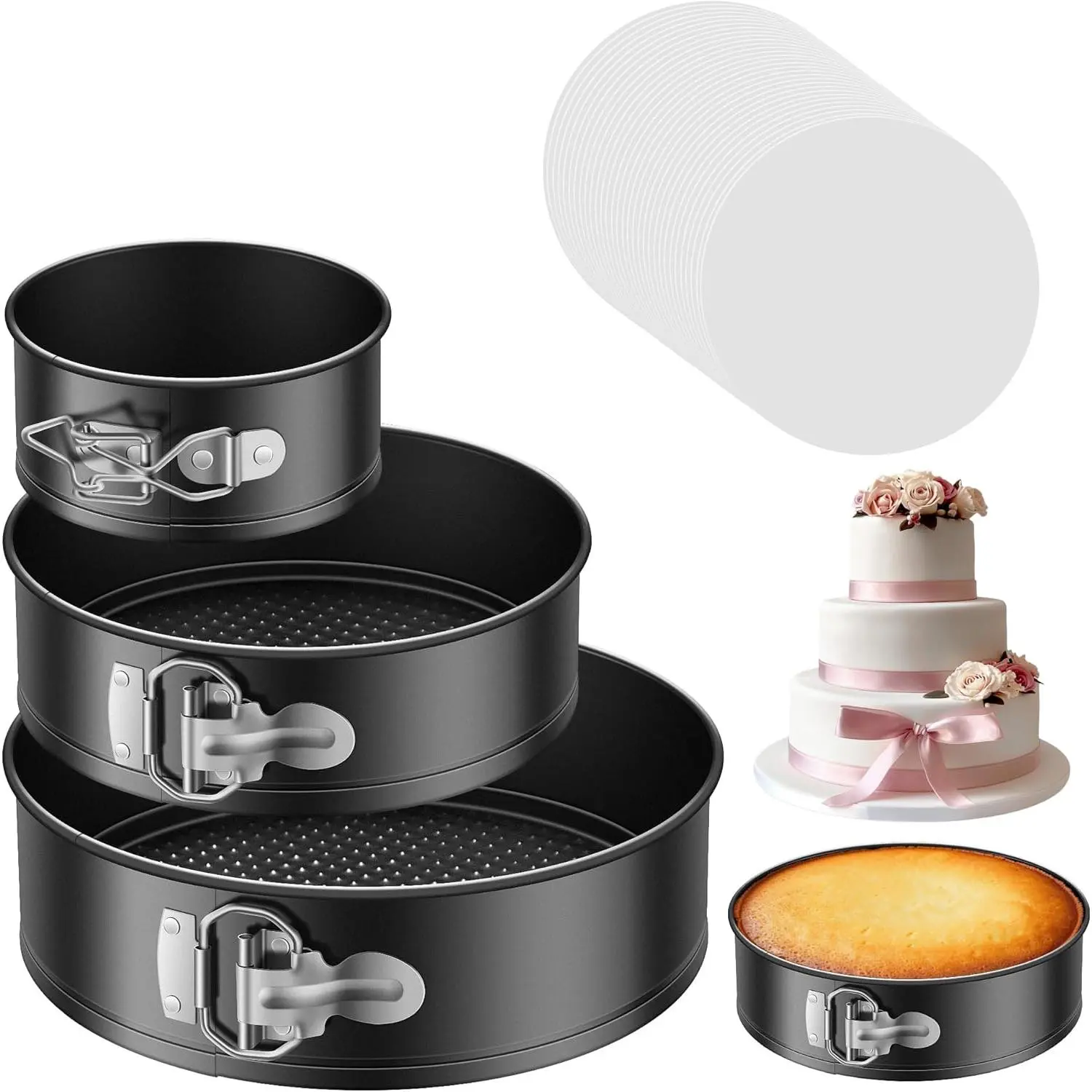 Cake Pan Set of 3, Nonstick Springform Pans with Removable Bottom, 4, 7, 9 Inch Round Cheesecake Baking Pans with 50 Pcs Parchment Paper Liners