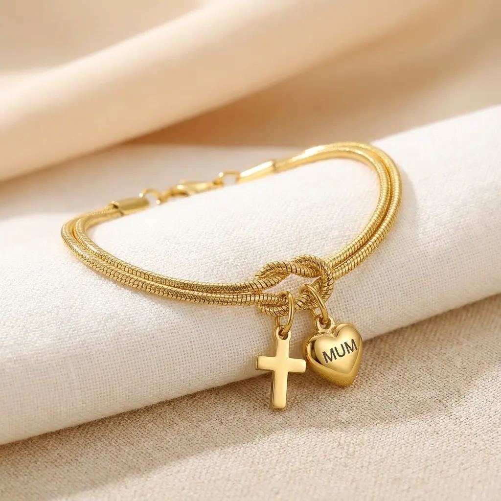 Stainless Steel Charm Bracelet for Mother with Heart Cross & Knot Charms, Engraved Mum Lettering, Link Chain Jewelry Bracelets & Bangles, Letters Bracelets & Bangles