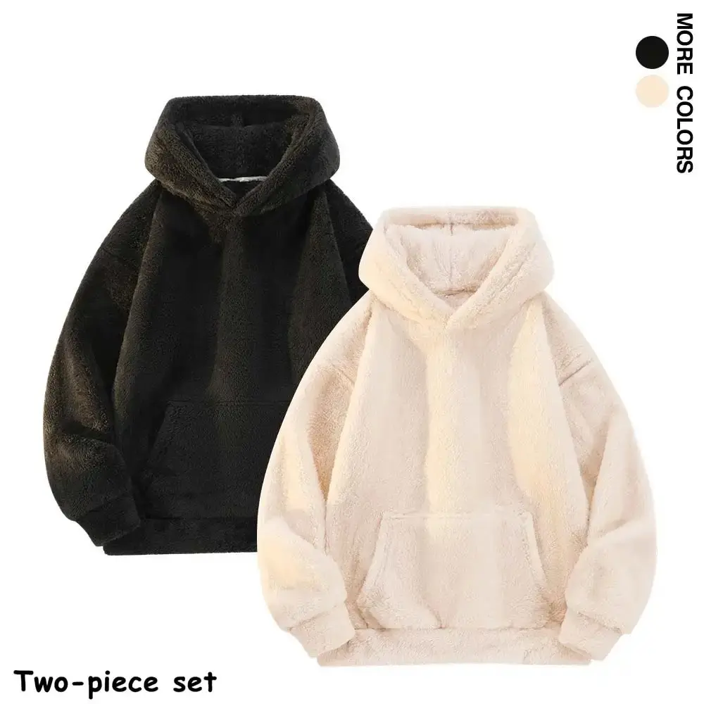 Men’s 2-Pack Fuzzy Plush Long Sleeve Hooded Sweatshirts - Menswear Plain Tops, Cozy Sherpa Pullover with Kangaroo Pocket, Relaxed Fit for Cold Days Lounging & Casual Outings,sohochic