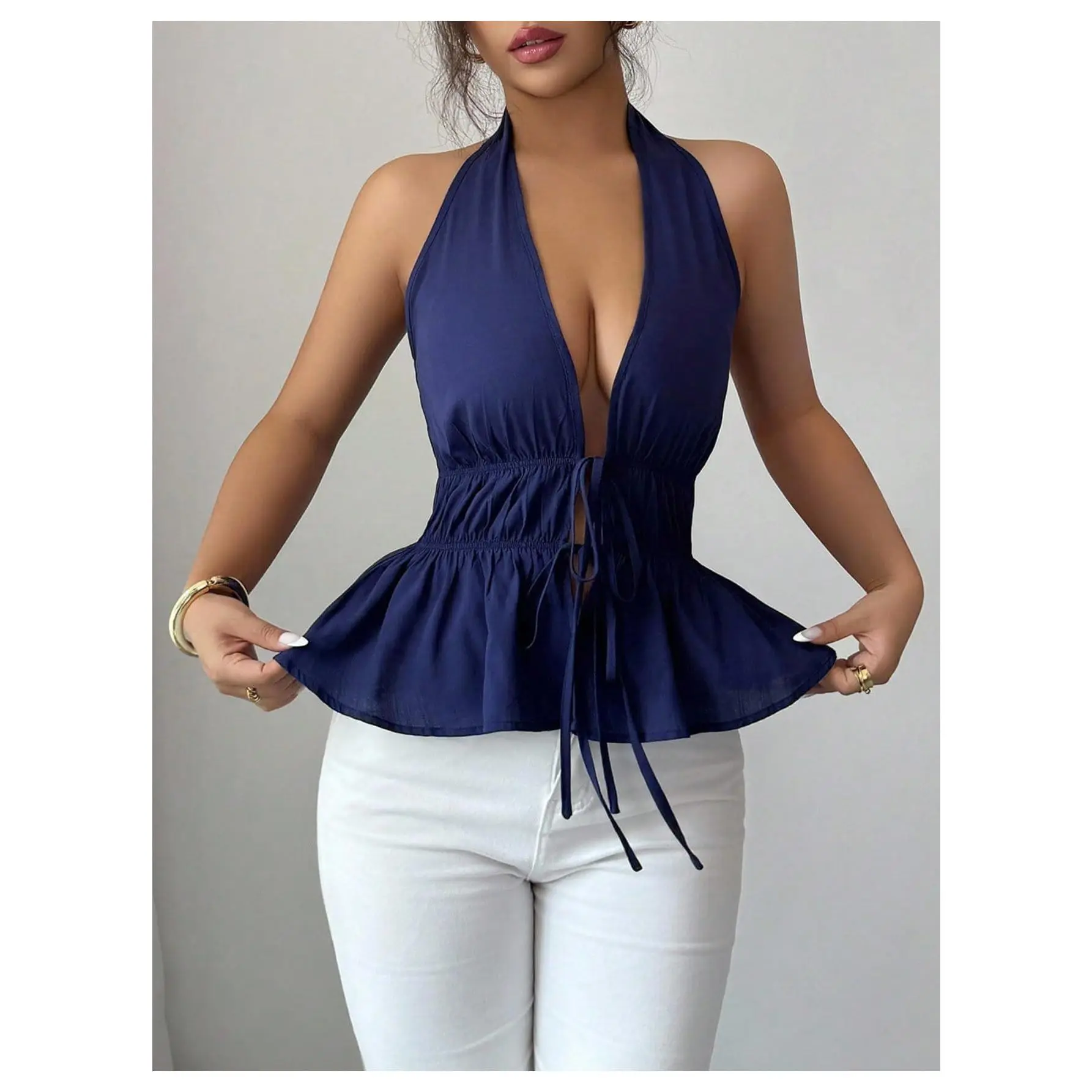 Open Back Deep V Neck Halter Peplum Camisole Top Sleeveless Tie Front Summer Going Out Tops