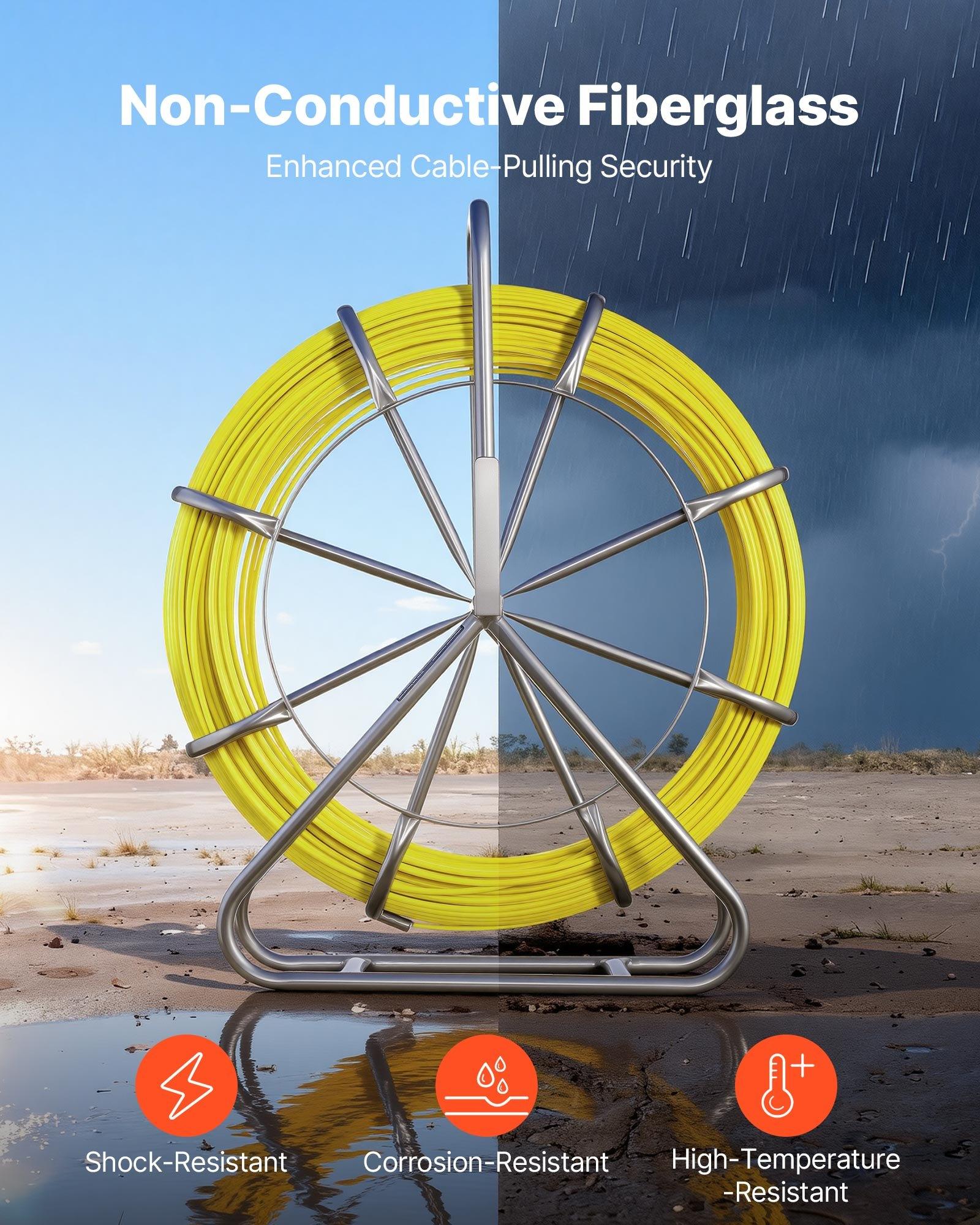 VEVOR Fish Tape Fiberglass, 500FT 6.3MM, Duct Rodder Fishtape Wire Puller with Stand, 1/4-Inch Cable Running Rod, Marked Every 5 Feet, Fishing Tools for Walls and Electrical Conduit, Non-Conductive