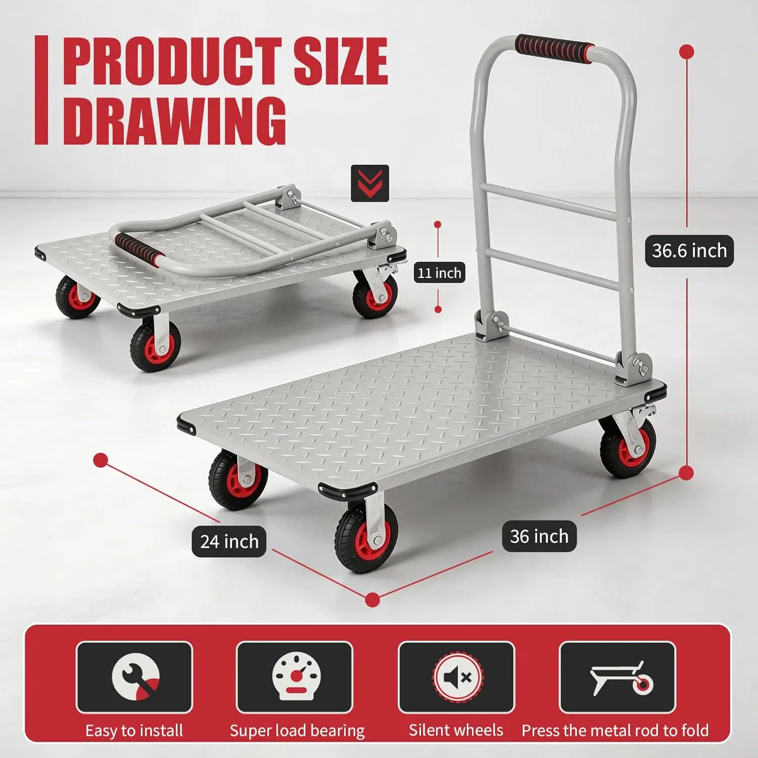 1800LBS Platform Truck Cart, 36"x24" Heavy Duty Utility Push Cart with 6" Swivel Wheels & Brakes, Foldable Hand Truck for Warehouse, Shipping & Moving