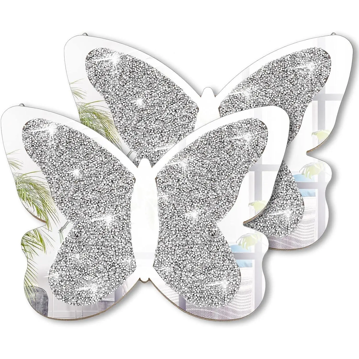 Vesici 2 Pieces Butterfly Shaped Mirror Crystal Crushed Diamond Silver Mirror Silver Wall Decor for Living Room Modern Decorative Artwork for Nursery Wedding Decor(11.8 x 8.8 Inch)