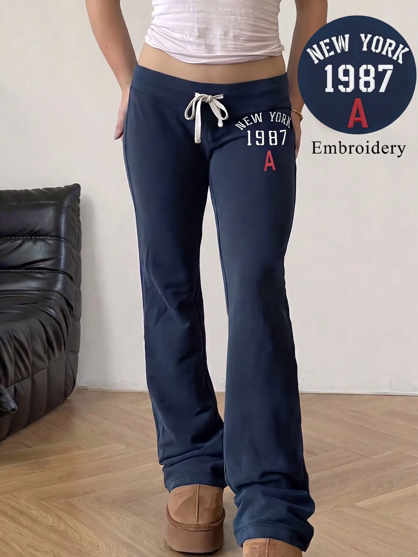 Navy Low Waist Drawstring Adjustable Micro Flare Sweatpants For Women, New York 1987 Letter Embroidery Slim Bootcut Casual Trousers, Soft Stretch Y2K Street Loungewear Pants For Daily Autumn Going Out Wear