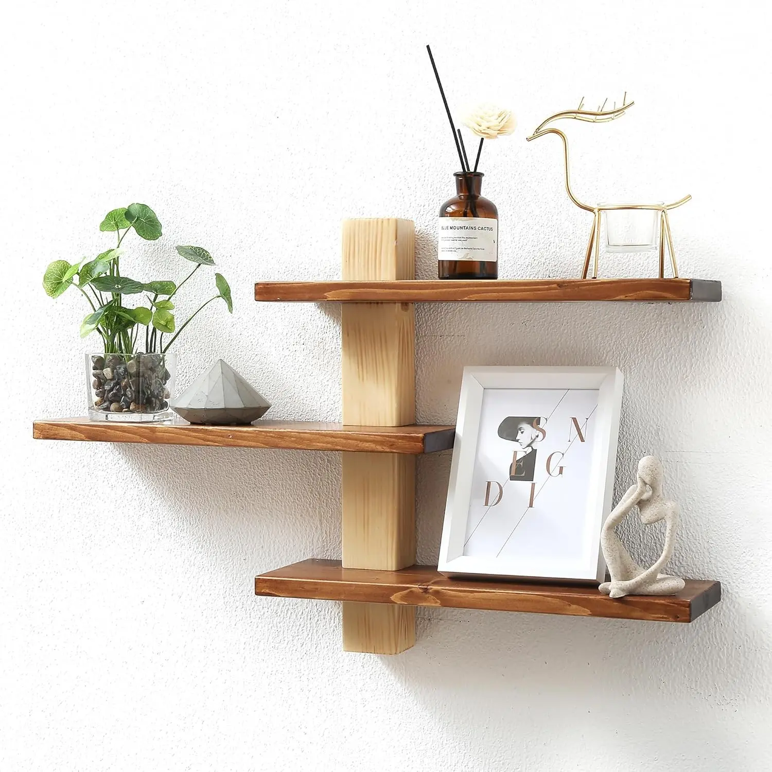 Solid Wood 3-Tier Floating Shelf, Large Minimalist Wall-Mounted Storage Shelving for Home Decor, Room Decor, Photo Display, Gift | Mid-Century Modern, Art Deco Style, Knot-Enhanced, Easy Assembly
