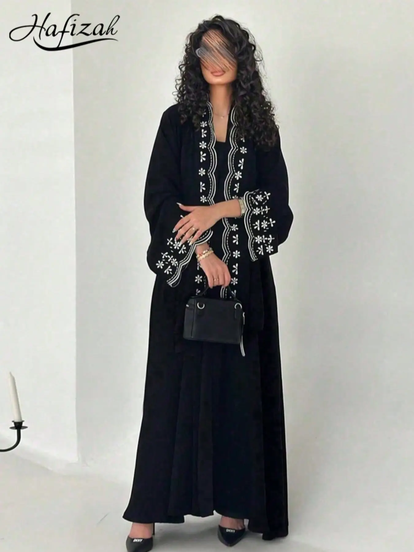 Hafizah New Women's Modest Fashion Embroidered Outerwear Cardigan, Trendy Casual Long Dress with Headscarf, All Seasons Loose Fit
