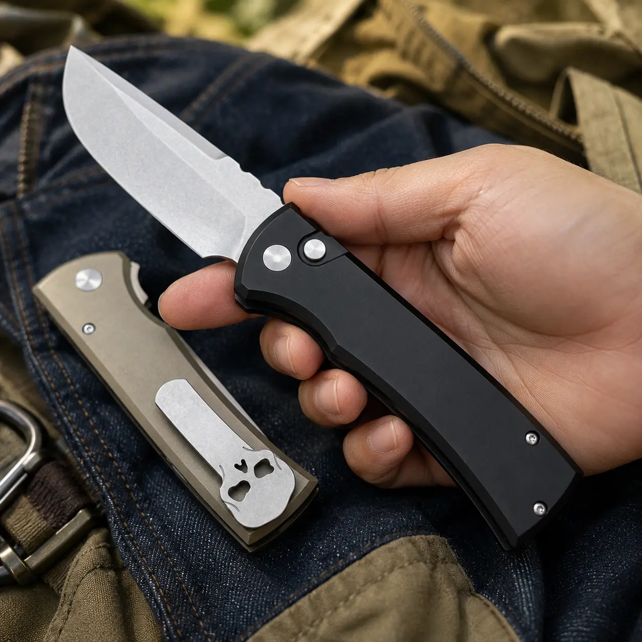 Daily Carry Knife 229, 3.38 in S35VN Stonewashed Drop Point Blade, Aluminum Handle, Button Lock, Pocket Clip, EDC Outdoor with Gift Box