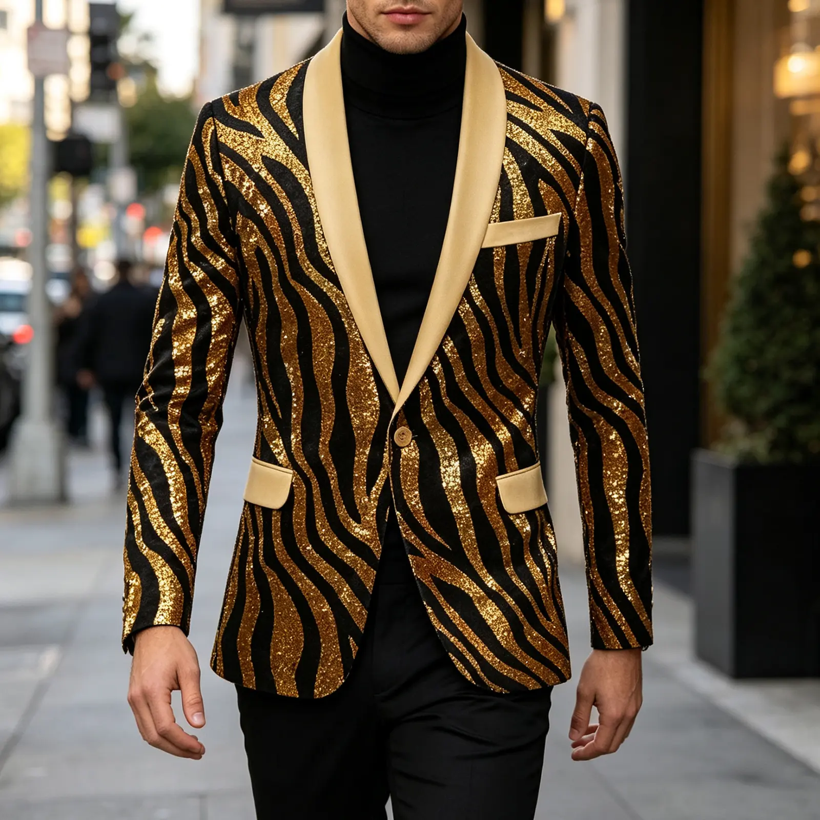 Men's Gold & Black Sequin Zebra Print Blazer – Single Button Sparkle Jacket with Cream Shawl Collar for Party, Prom & Stage Performance