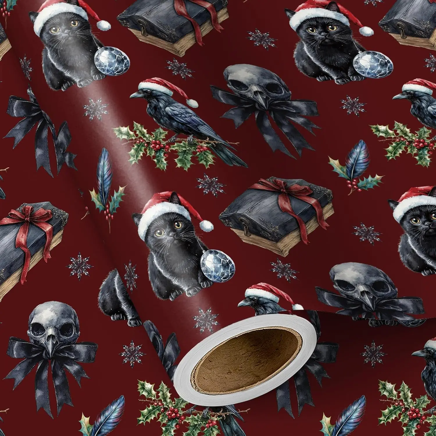 Gothic Christmas Wrapping Paper Roll, Mini Roll, Skull, Raven, Black  Design, Dark Red  Wrap for Teens, , Christmas, Holiday, Gothic Theme Party, 17 Inches x 16.4