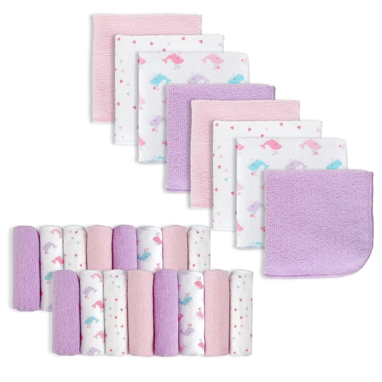 Baby Muslin Washcloths, 24-Pack 9x9 Pink Whale (Animal Prints) - Extra Soft, Ultra Absorbent, Gentle Touch for Sensitive Skin, Daily Use for Face/Body, Face Towel