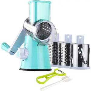 Rotary Cheese Grater Hand Crank, Kitchen Shredder Speed Mandolin Slicer Nut Grinder with Handle and Drum Blades  Cheese, Vegetable, Walnut, Chocolate, Potato, Carrot, 3 Blades, Blue