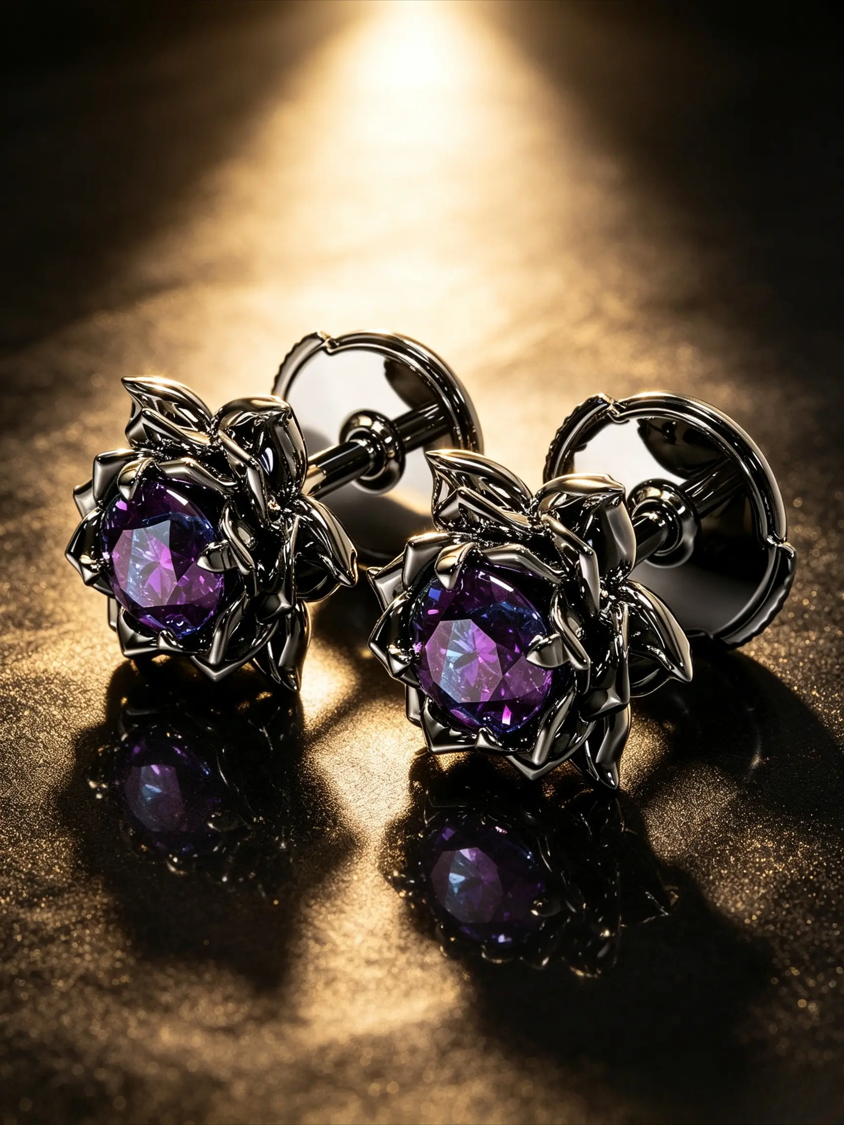 Gunmetal Black Gothic Rose Cufflinks For Men, Round Cut Simulated Amethyst Floral Carved Vintage Wedding Business Shirt Cuff Jewelry Gift For Groom Husband Jewellery