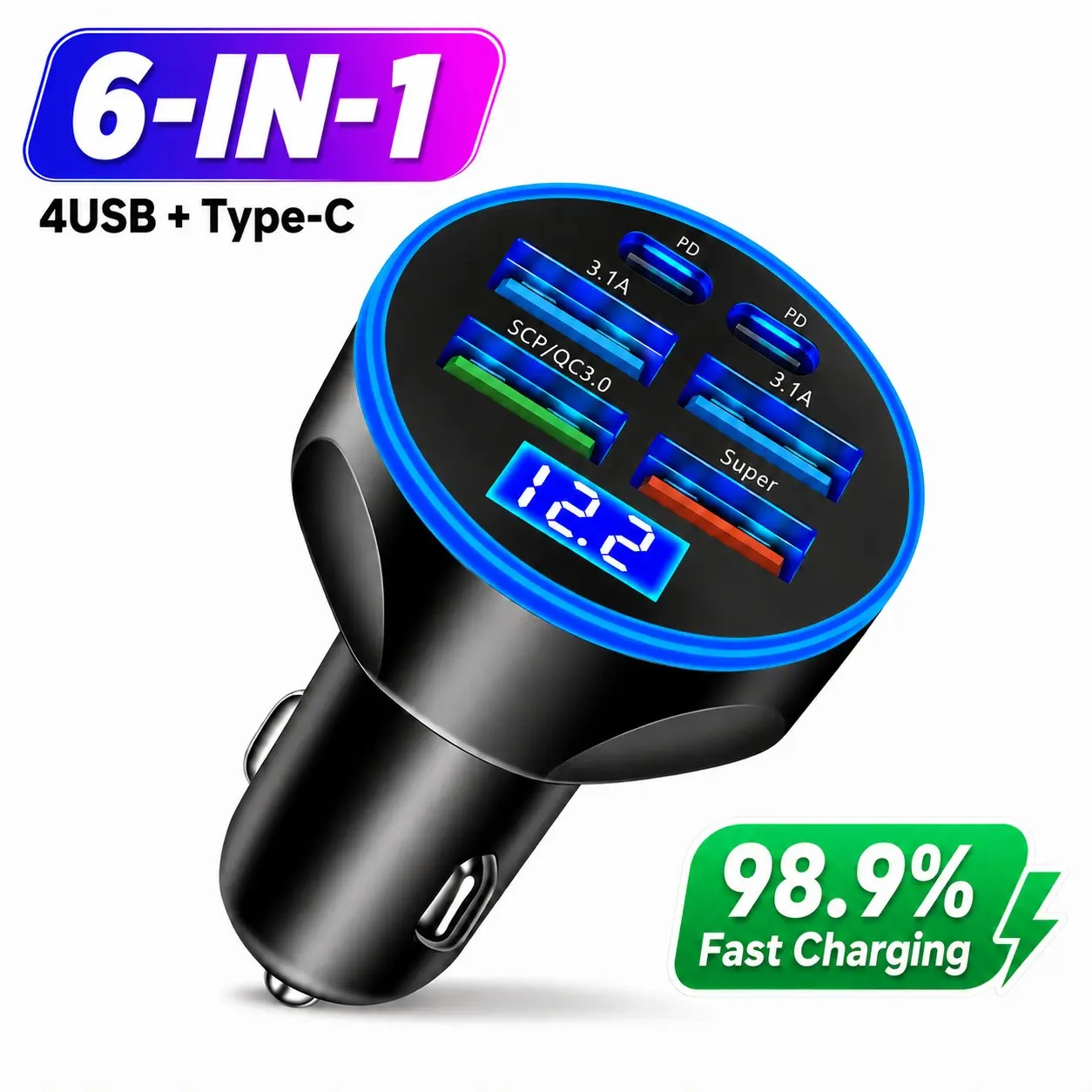 6 in 1 USB C Car Charger 300W, Fast Charging Solution, Multi Port PD QC3.0 Fast Charging Usb Charger Cigarette Lighter Adapter with LED Voltage Display,4 USB-A 2 Type-C Car Power Adapter for iPhone,Samsung