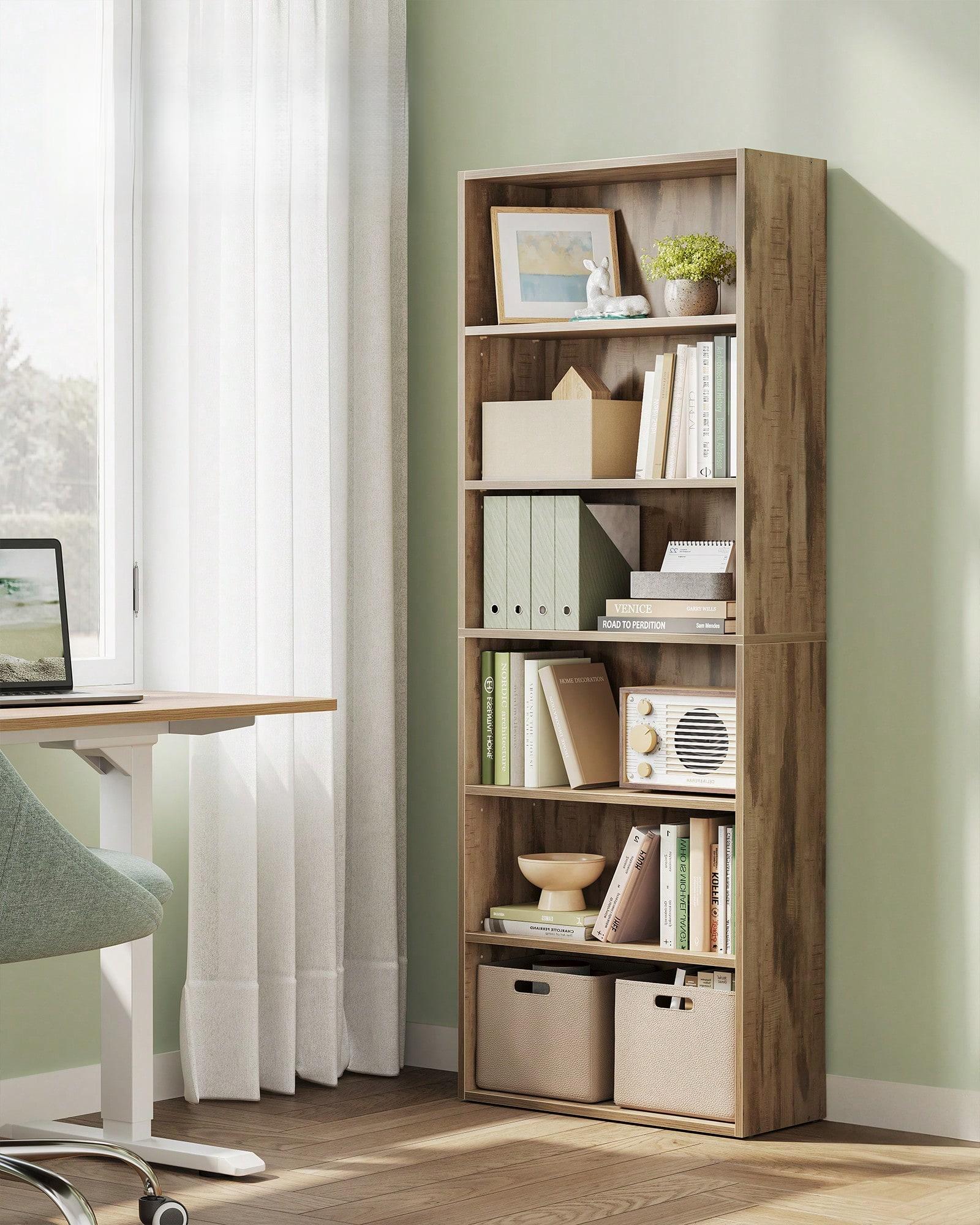 Multi-Color 6-Tier Open Bookshelf (Rustic Brown/Black/White/Camel Brown/Natural Beige, Walnut Wood), Adjustable Shelves, Floor Standing, 9.4"D X 23.6"W X 63.1"H, Office Storage