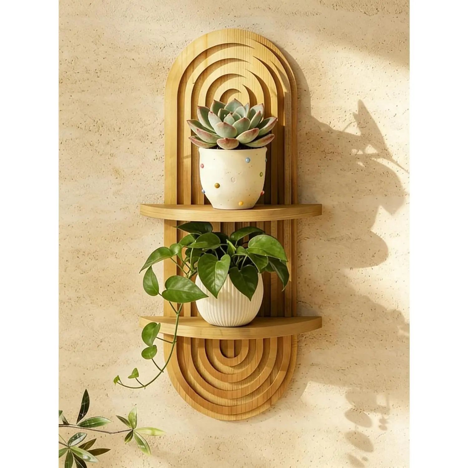 Boho Wall Decor Plant Wall Shelf Mid Century Modern Decor Hanging Plant Shelf 2-Tier Wooden Floating Shelves for Home Bathroom Bedroom Living Room Office Holding Planter Decoration Natural