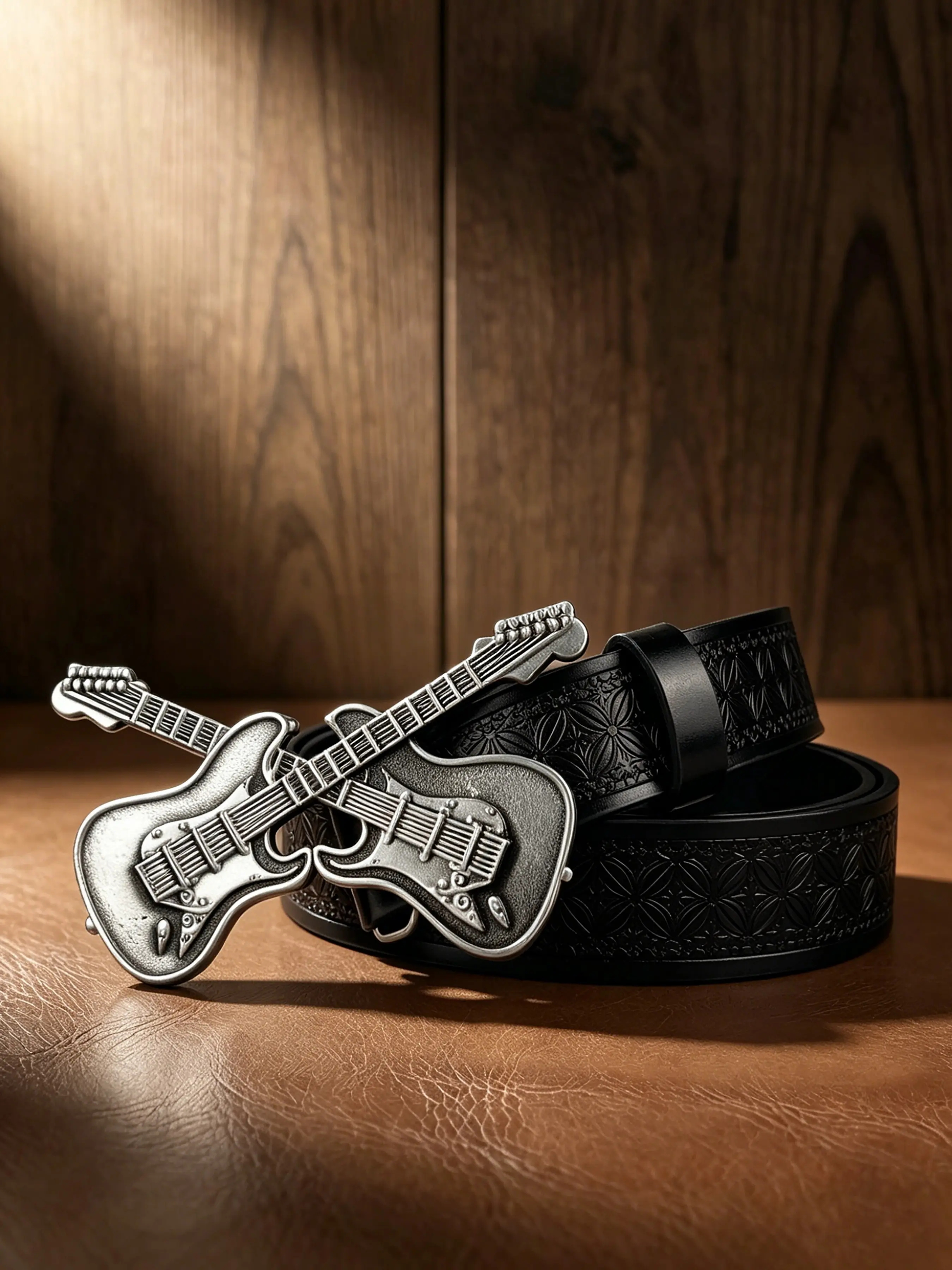 Fashionable men's and women's music style guitar head belts, alloy guitar-shaped plate buckles, rock-themed retro high-visibility wearing belts, and men's metal high-pitched music plate buckles.