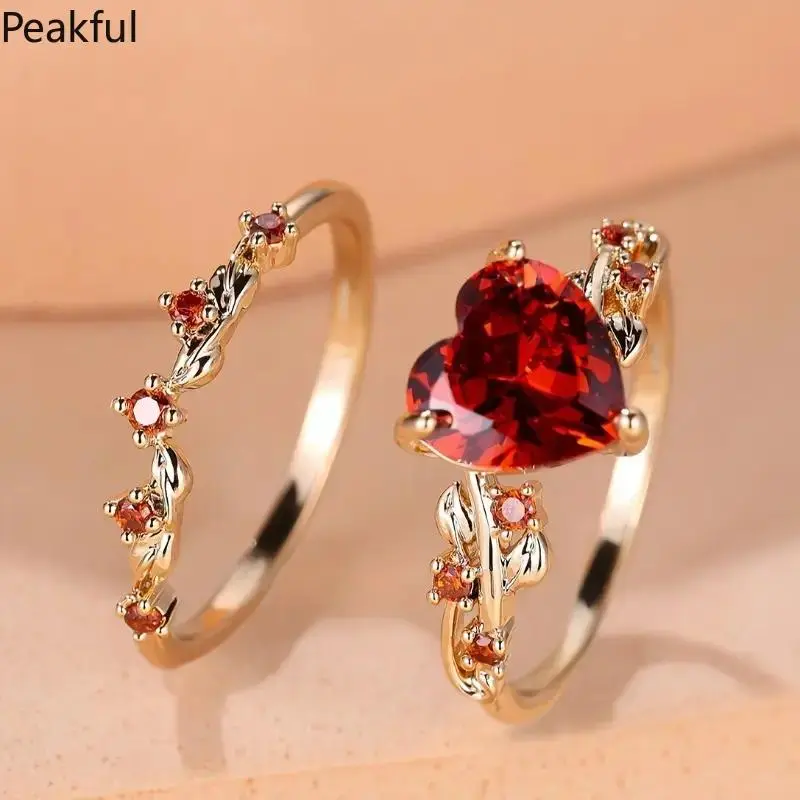 2pc Inlaid Red/ Green Zircon Copper Band Ring Set Elegant Stack Ring Heart-Shaped Puzzle Couples Rings Jewelry Wedding Ring couples ring sets stackable ring engagement rings