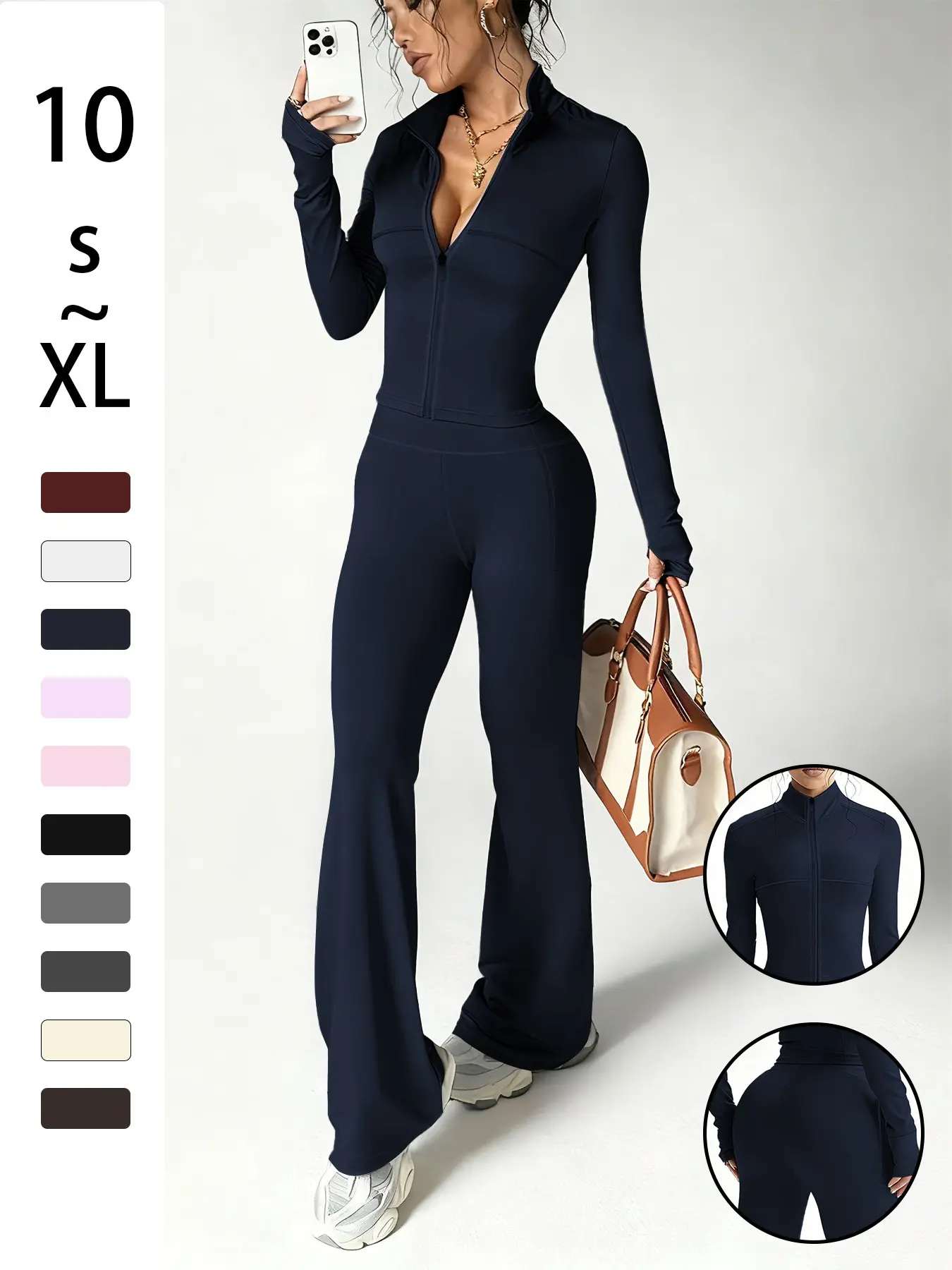 Women's Two-Piece Sports Set, Short Zipper Jacket with Thumbholes, High-Waisted Pocket Bell Yoga Pants, Casual Workout Fitness Workout Sets