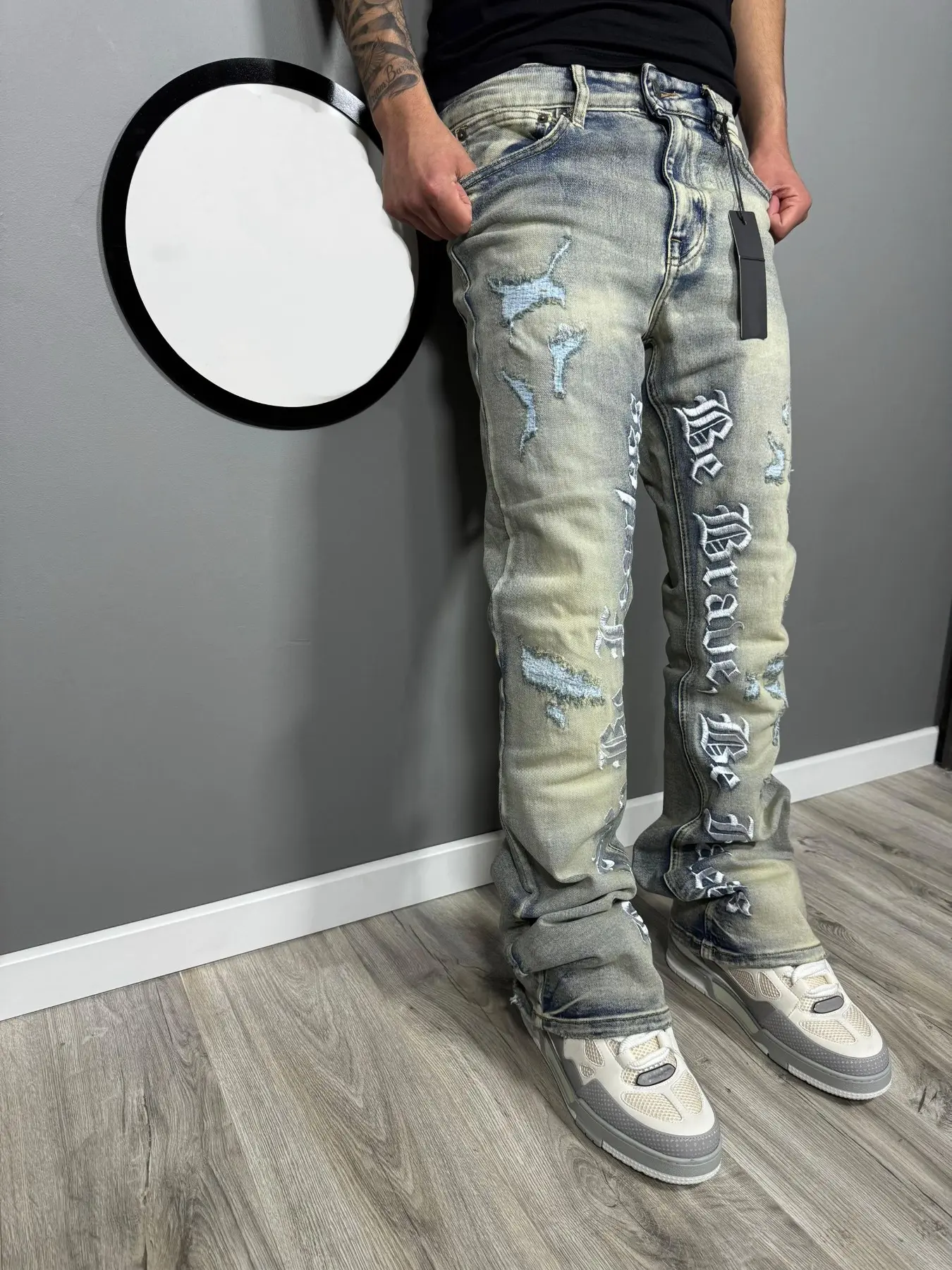 Men's Embroidered Jeans, Micro Flare Denim Jeans, Ripped Casual Jeans, Letter Stitching, Tight Fit, Ripped Bell Bottoms, Washed Y2K Style, All Seasons