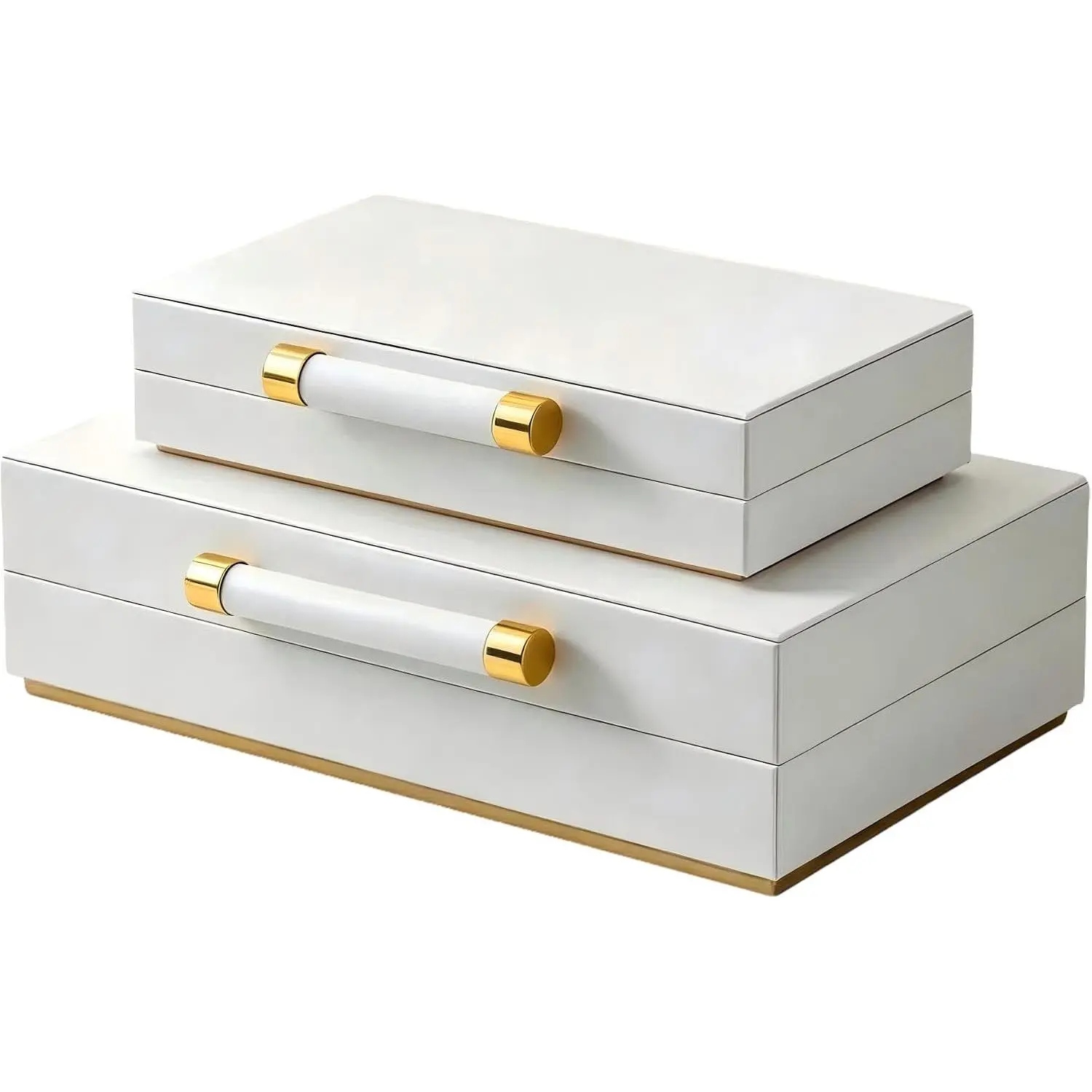 Decorative PU Leather Storage Boxes Set of 2 - Large White Smooth Light Marble Organiser for Wedding Keepsakes, 8 Necklace Hooks, Elastic Pocket, Floating Base with Handles, Photo & Modern Home Organizers, Compartment