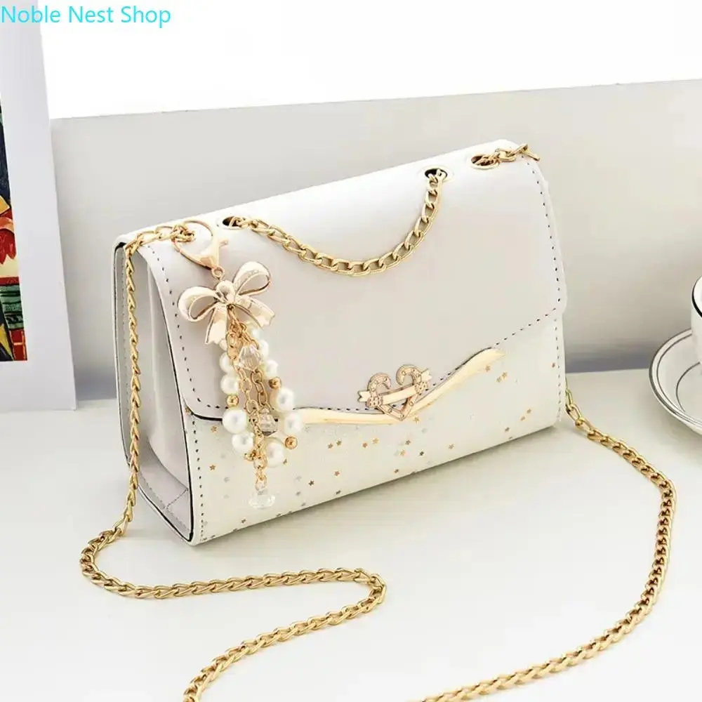 Two Tone Glitter Star Mini Crossbody Shoulder Bag for Women, Rhinestone Heart Buckle Pearl Bow Pendant Chain Purse Daily Dating