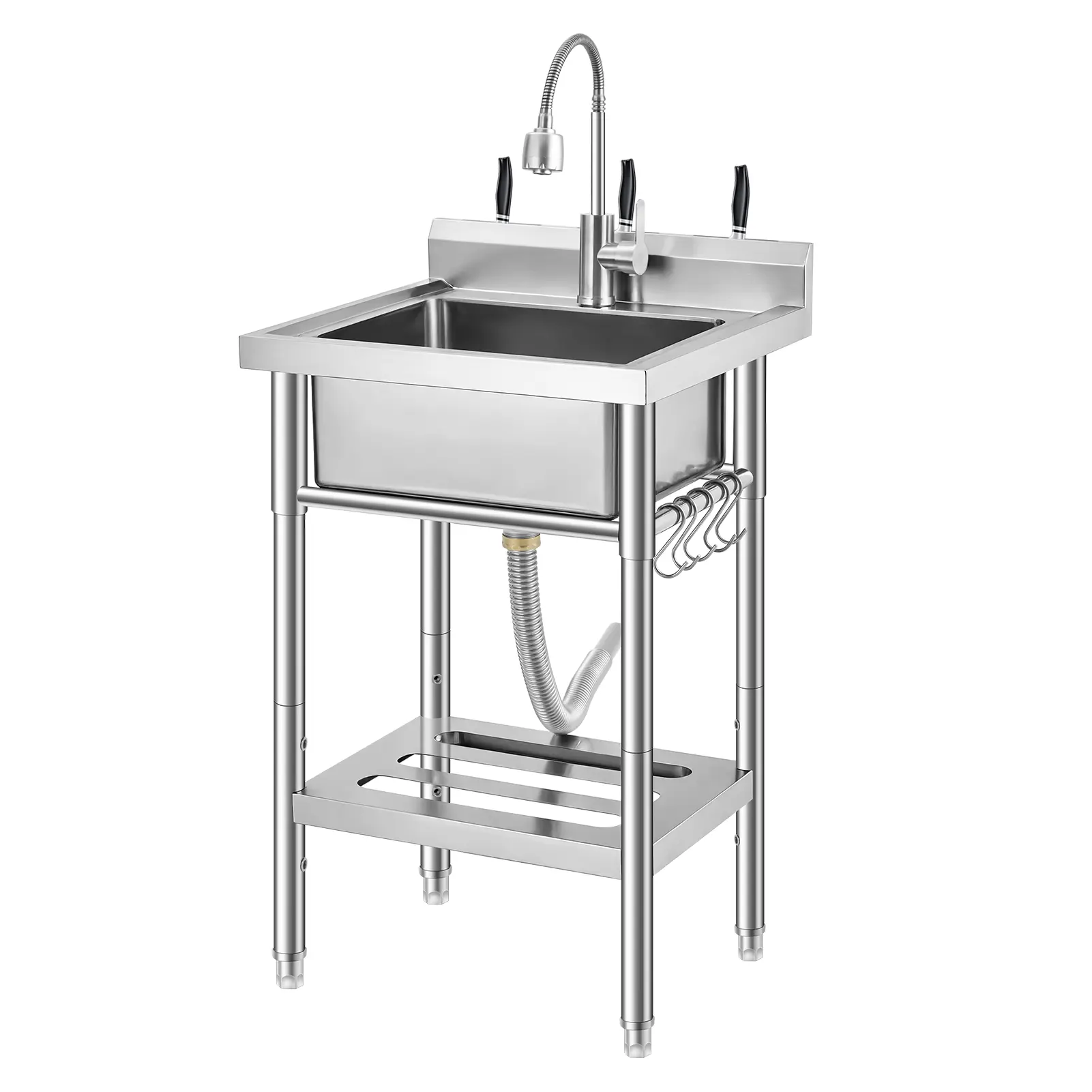 Stainless Steel Utility Sink with Faucet, Single Bowl Kitchen Sink with Adjustable Legs, Storage Shelf,S-Hooks & Hot Cold Water Pipes,Laundry,Garage