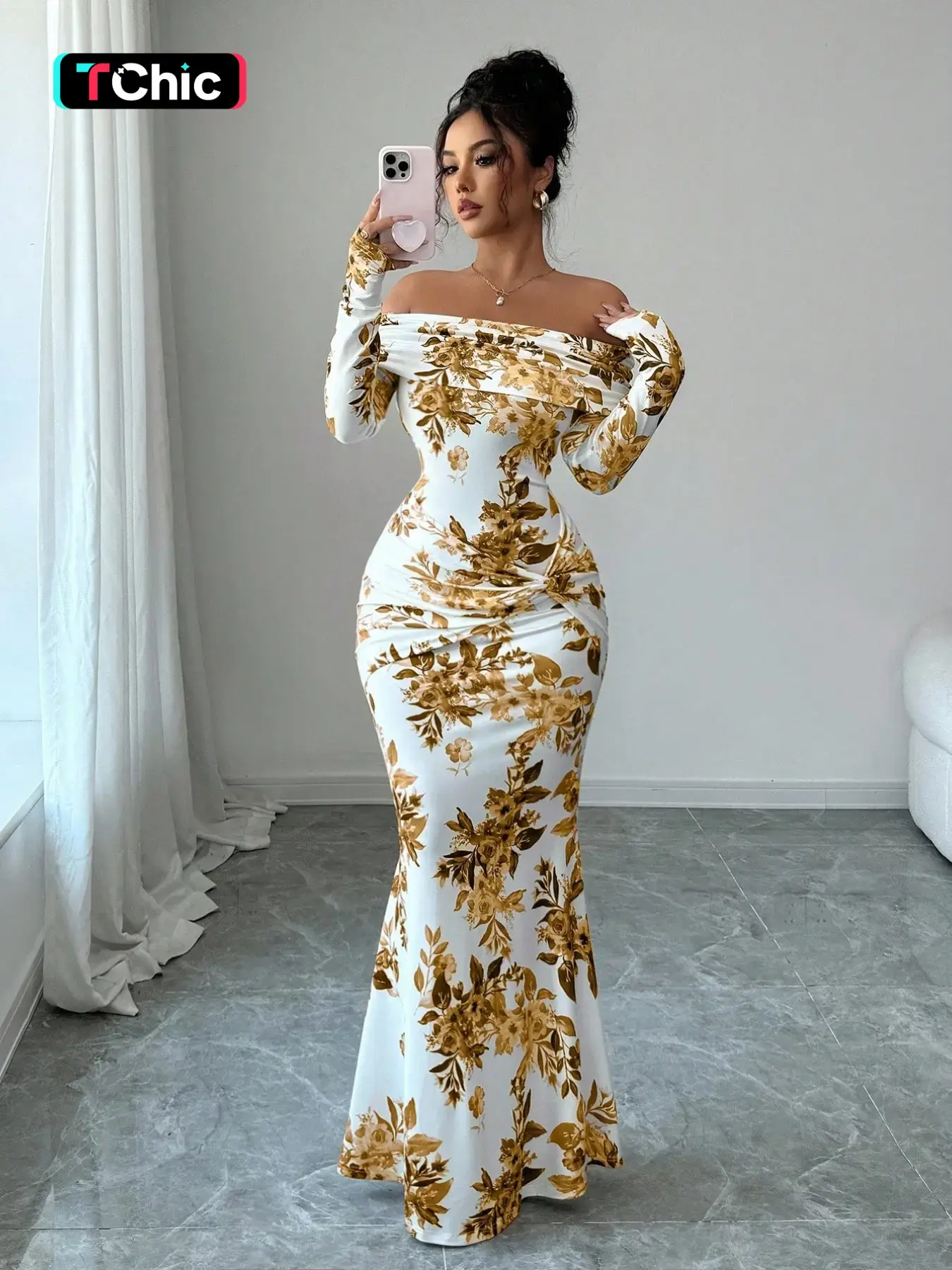 Young Lady Knitted Floral Print One-Shoulder Long Sleeve Dress, Waist Tie Backless Fish Tail, Elegant Party Date Fall Winter Dress, Backless Tied Dress