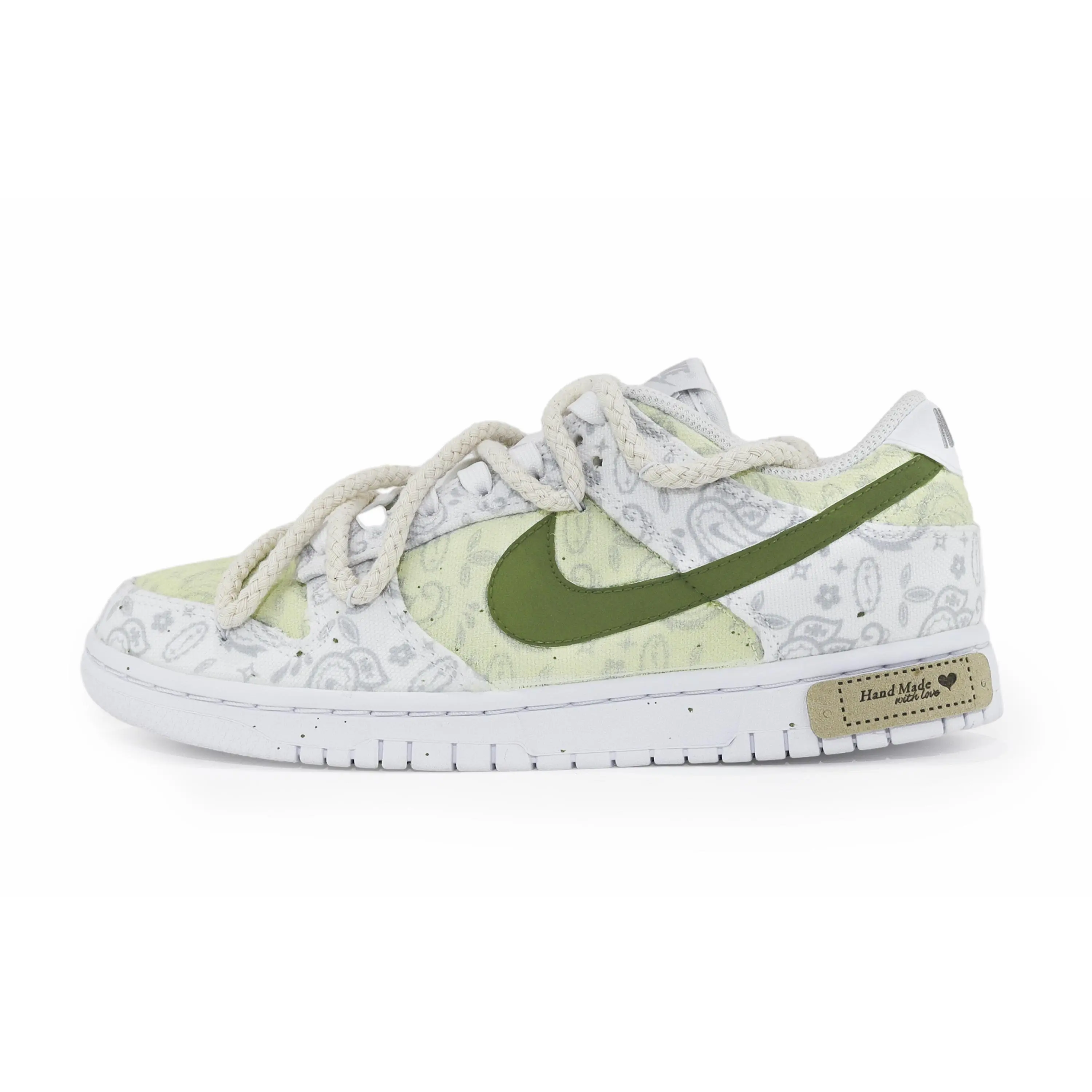 Nike Dunk Custom Sneakers for Women: Fresh White-Green Colorway with Cheese Matcha, Ink Splash, and Cashew Flower Design Verifiable, with credentials and supporting global authentication