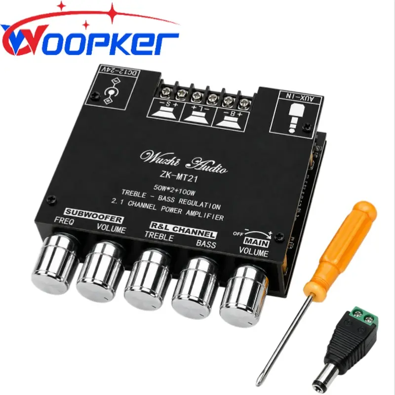 ZK-MT21 Bluetooth Amplifier Board, 2.1 Channel 50W+50W+100W Subwoofer Amp Module with Treble, Bass & Sub Controls, DC 9-24V, AUX Input for DIY Wireless Speaker Systems