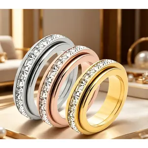 Women's 3-Pack Cubic Zirconia Spinner Anxiety Rings - Kinetic Geometric Cube Rings, Fidgets Stress Relief Sports Wristbands, Gift-Ready Costume Jewelry (Sizes 6-12)