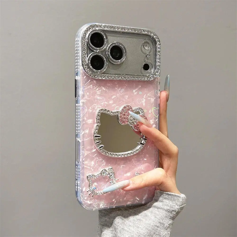 Cute Shell Heart Pattern Cat Phone Case with Mirror For iPhone 17 16 15 14 13 12 Pro Max Plus, Fashionable Shockproof Protective Case