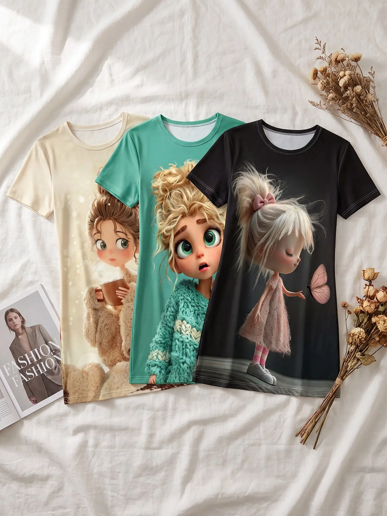 Women's 3 Pack Crew Neck Short Sleeve Sleep Dress, All Season Wear, Warm Glow Cartoon Girl Butterfly Print, Quiet Gentle Style, Casual Nightgown for Home Loungewear