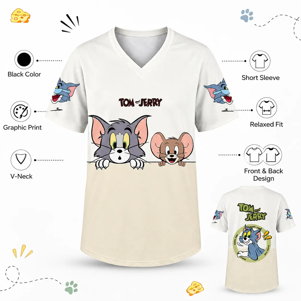 Funny Tom and Jerry Graphic Tee V Neck Short Sleeve Loose Fit White Beige Unisex Summer Streetwear Shirt Front Back Print Casual Top for Men Women