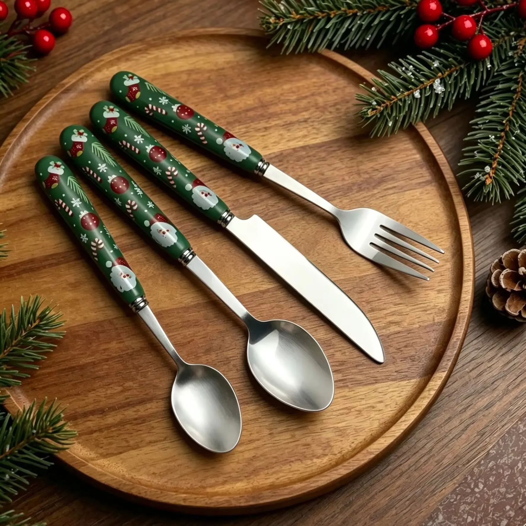 4pcs Christmas Stainless Steel Cutlery Set, Elegant Ceramic Handle Fork Knife Spoon, Perfect for Daily Use and Holiday Parties