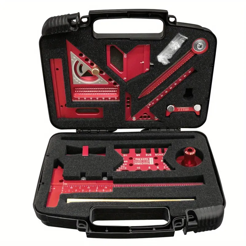 10-piece woodworking measuring tool set with a storage box; a set of tools designed for planning and arranging woodworking projects as well as for assembling wooden boards: multi-angle combination triangular rulers, angle grinders, dovetail gauges, Europe