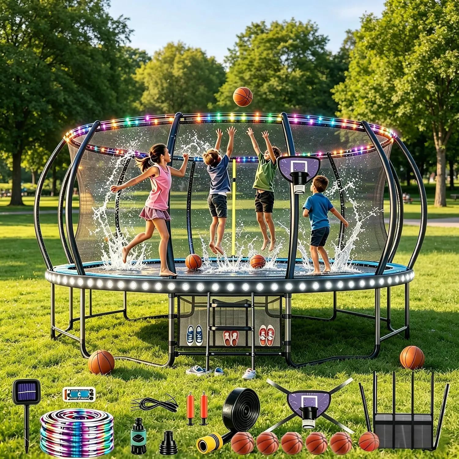 Trampoline Accessories Kit for Kids - 5-in-1 Summer Fun (Basketball Hoop + 72FT Solar Colored Lights + Water Sprinkler+ 3 Grid Shoe Bags)-Fits 8-16ft Trampolines