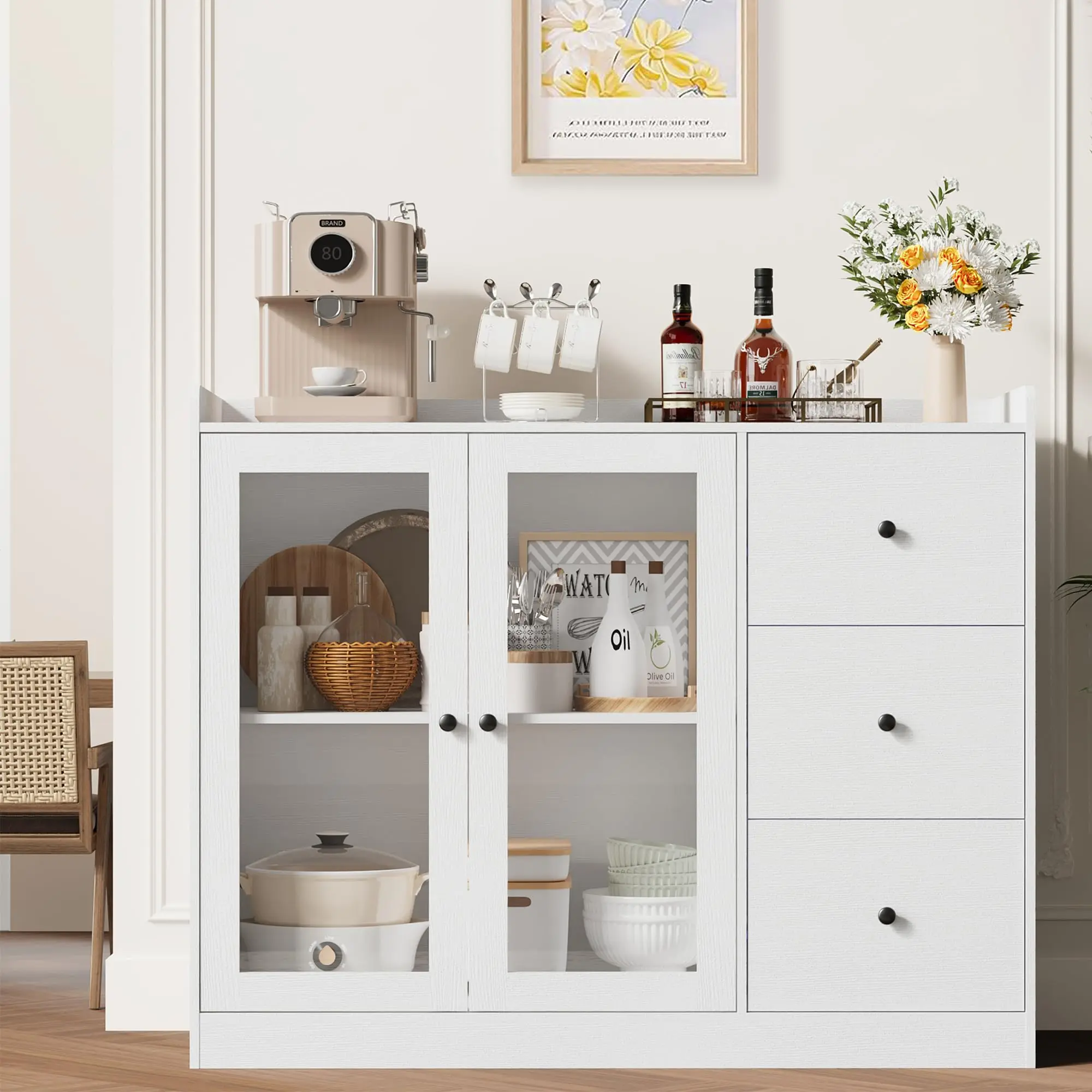 43.3 Inch Modern Buffet Sideboard Cabinet, Model 02 Low Storage Cabinet with 3 Drawers, Glass Door Cabinets, Adjustable Shelves, and Guardrail Back Panel, PB Board, White Wood Grain