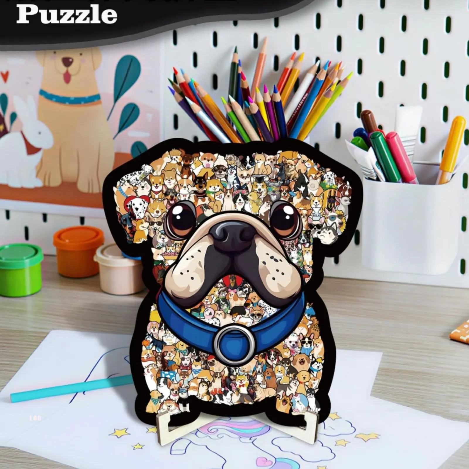 Colorful Cute Puppy Wooden Puzzle, Wooden Coloring Puzzle, Artistic Home Decor, Creative Gift for Craft Enthusiasts, Handmade DIY Activity Set