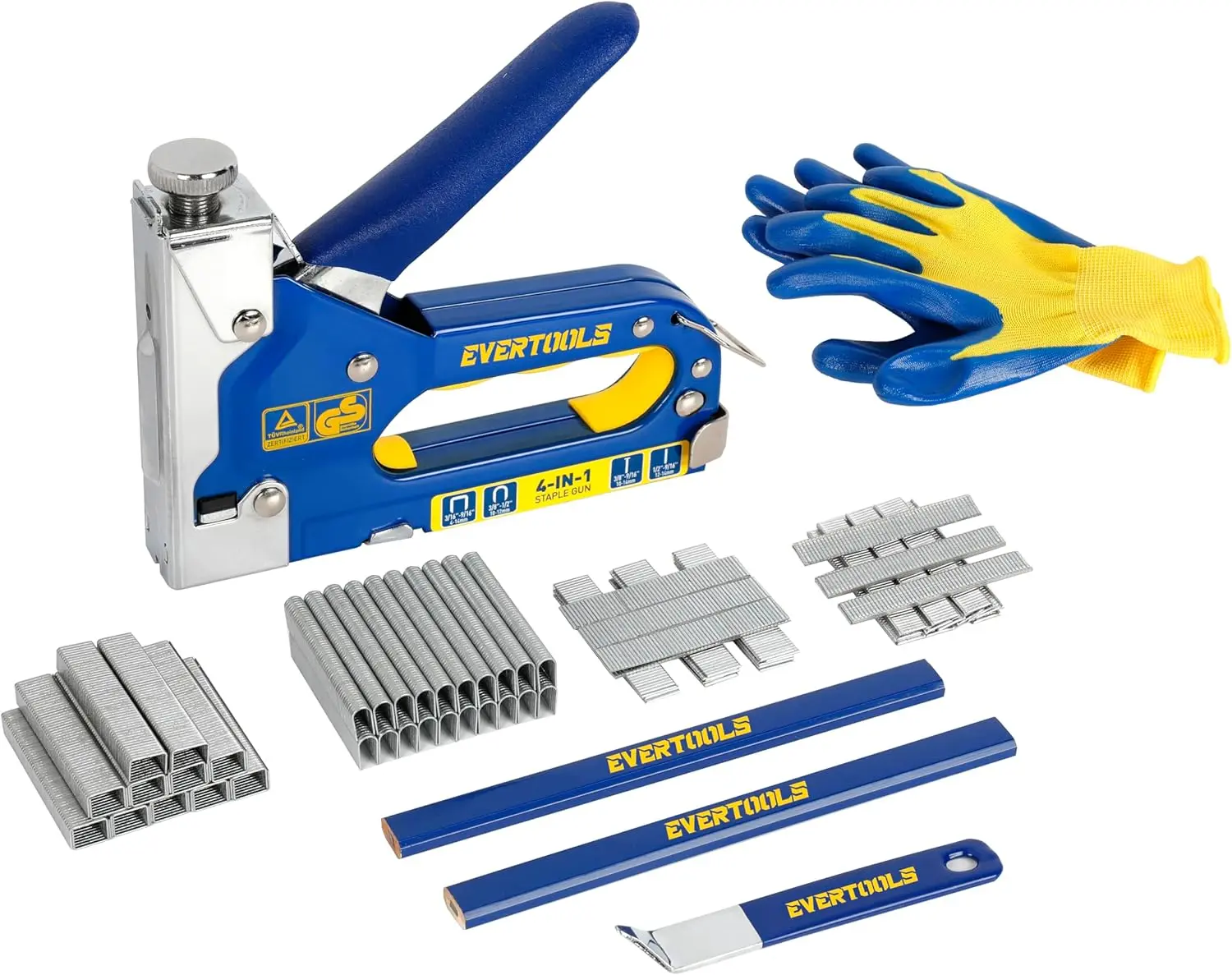 4-in-1 Heavy Duty Tool Kit with 6000 Fasteners, Adjustable Power, Jam-Free Mechanism, Remover & Gloves for Upholstery, Carpentry, DIY Projects