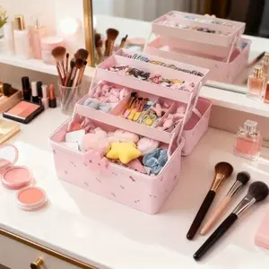 Three-layer foldable storage box with lid, including 6 random stickers, sturdy and durable, suitable for home kitchen room storage, multi-functional storage box for cosmetics, skin care products, documents and books