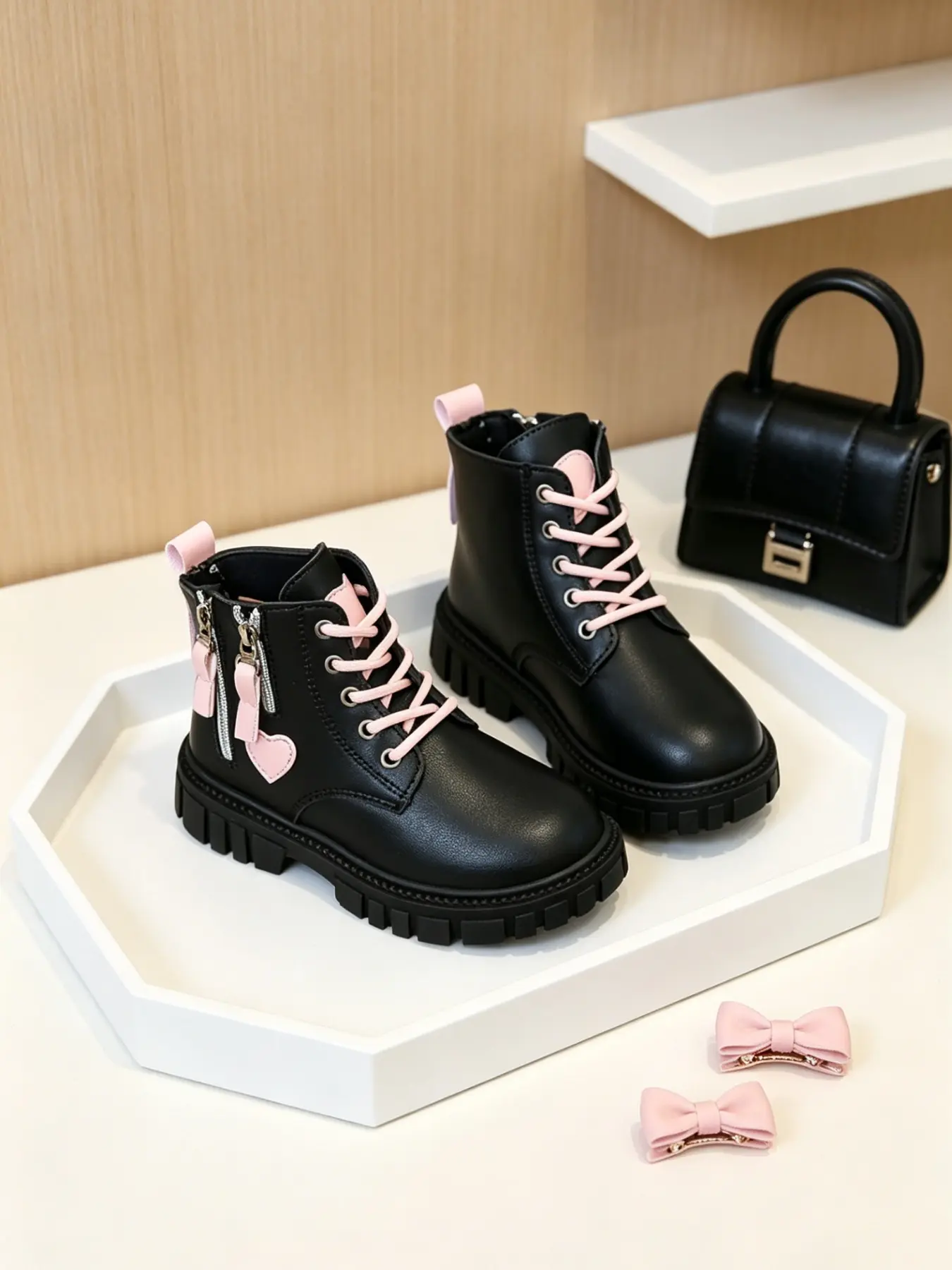 Girls' Heart Decoration Side Zip Ankle Boots, Anti-Slip Durable School Shoes, All Seasons, PU Leather, Rubber Sole, Street Style, Non Slip Boots, Side Zipper Boot, Zipper Design Boots