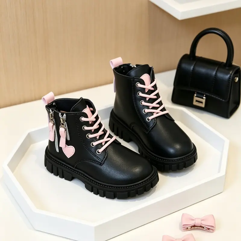 Girls' Heart Decoration Side Zip Ankle Boots, Anti-Slip Durable School Shoes, All Seasons, PU Leather, Rubber Sole, Street Style, Non Slip Boots, Side Zipper Boot, Zipper Design Boots
