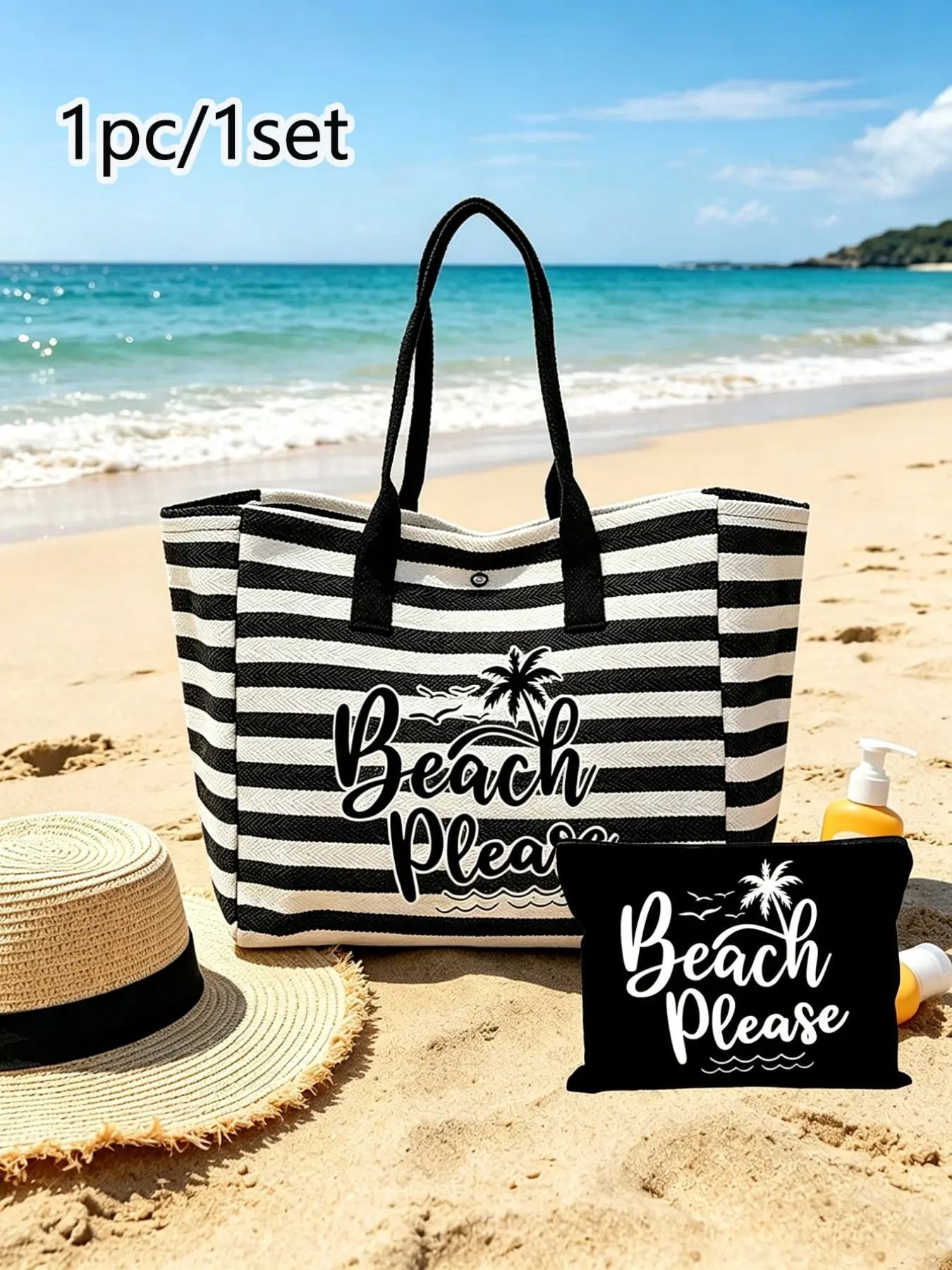 Striped Beach Tote Bag with Pouch, Retro Stripe Canvas Shoulder Bag, Large Capacity Waterproof Handbag for Women Girls