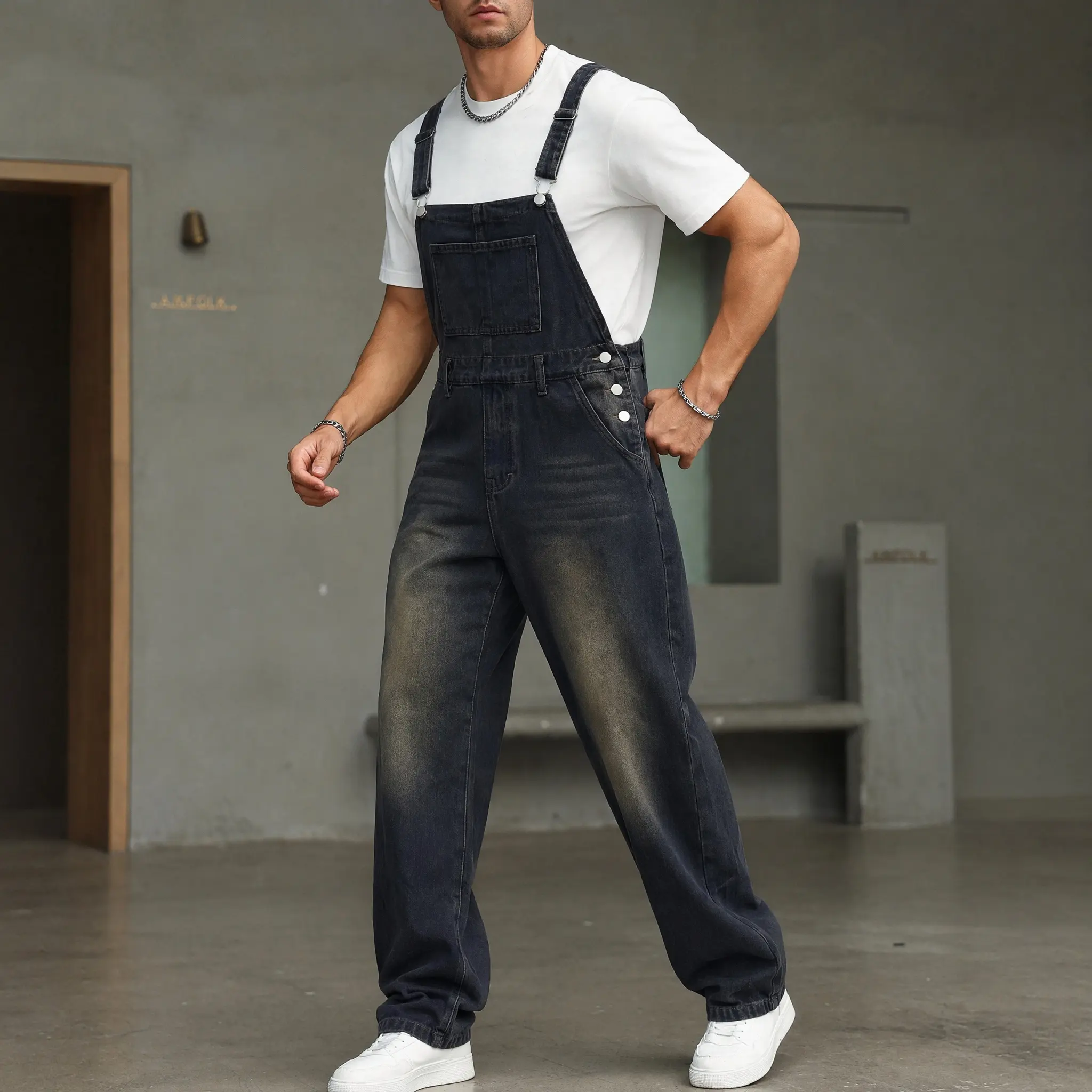 Men's Loose Fit Denim Overalls,Vintage Mud Wash Black Blue Wide Leg Dungarees,Y2K Grunge Skater Bib Overalls,Summer Casual Distressed Trousers Jumpsuit,american overalls men