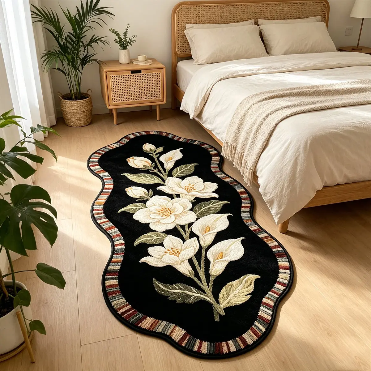 French Vintage Floral Bedside Rug, Non-Slip Carpet, Bedroom Rug, Irregular Long Strip, Soft Comfortable, Home Decor Rug