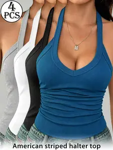 4-Piece Ribbed Halter Neck Sleeveless Tank Top | Slim Fit Casual Y2k Racerback Tank Top, Can Be Layered or Worn Over Basic Tops