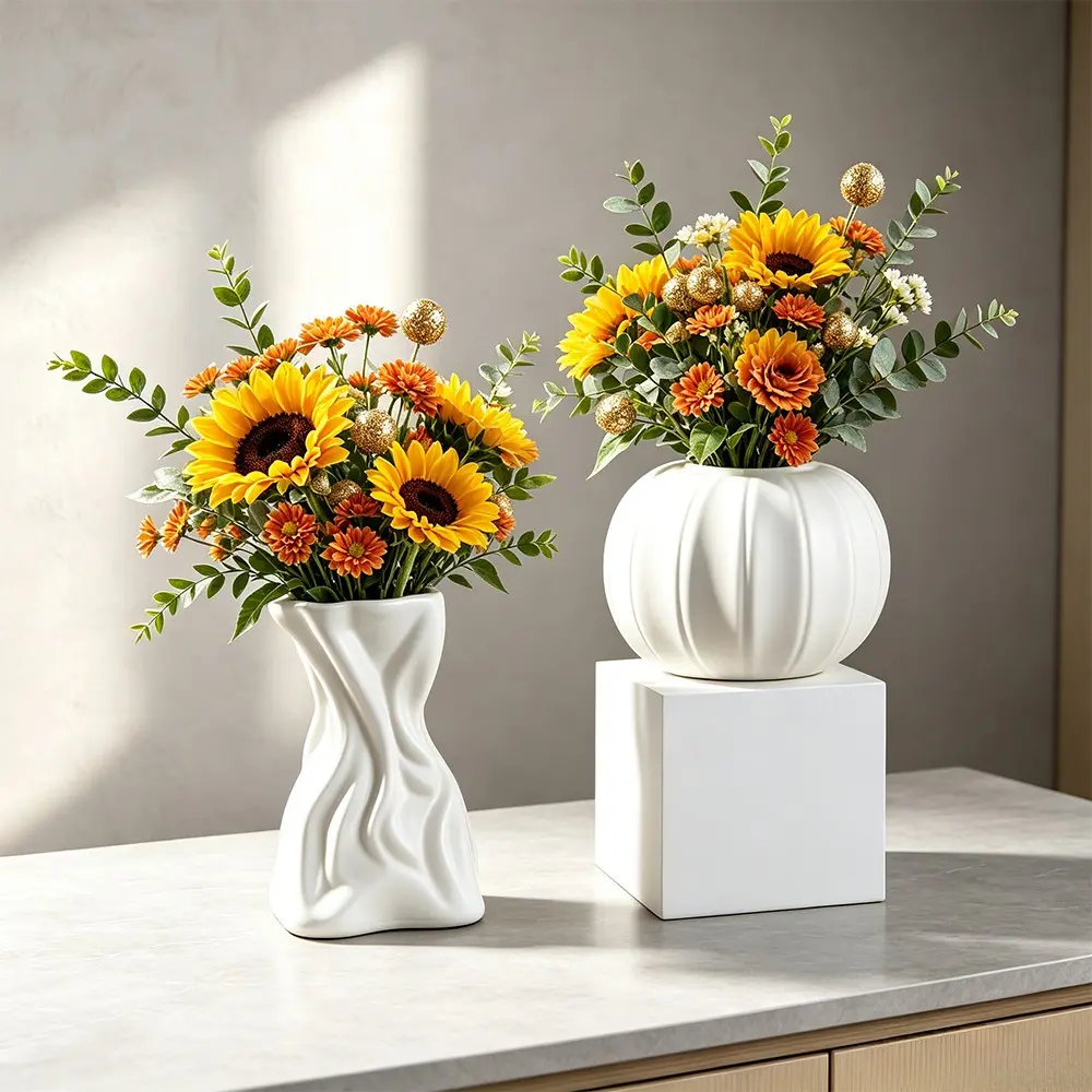 2pcs Plastic Vase Set, Unique Folded Twist Vase + Pumpkin Ball Vase, Style Ceramic Mimic Vases, Home Office Decor