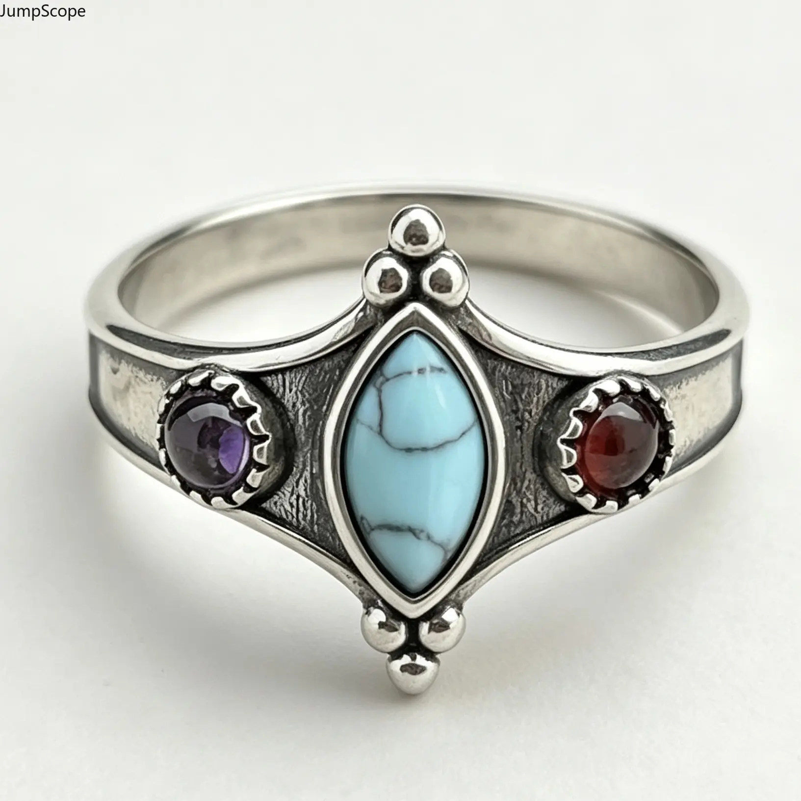 Three-Stone Mixed Gem Marquise Matrix Turquoise Tribal Ring, Oxidized Antique Silver Amethyst Garnet Western Boho Finger Band For African Women Festival Desert Travel Wear