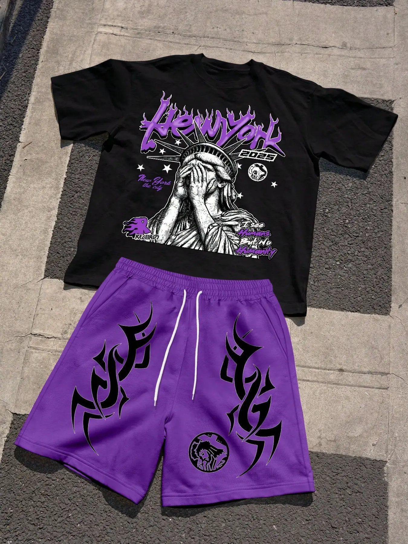 3D Retro Pattern Print Crew Neck T-shirt and Drawstring Shorts Two-piece Set, Men's Hip-hop Street Style Outfit.